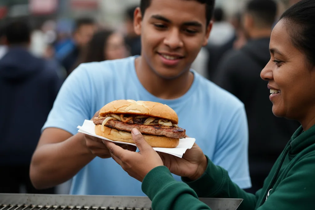 Barraca de rua com pernil desfiado e pão francês sendo montado para torcedores