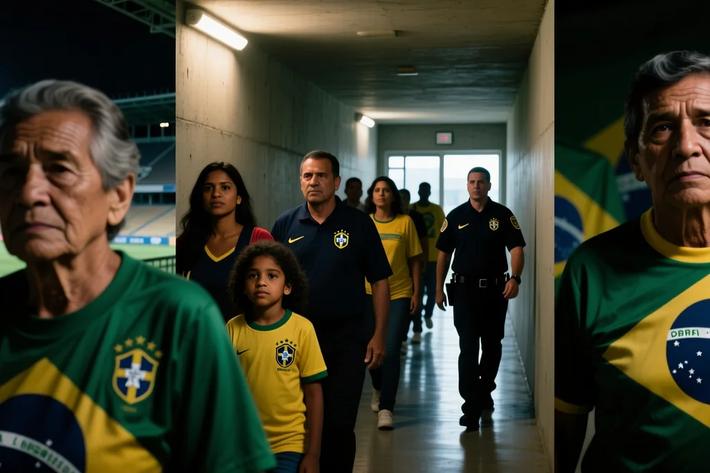 Corredor isolado com grades levando a setor visitante em estádio sul-americano à noite