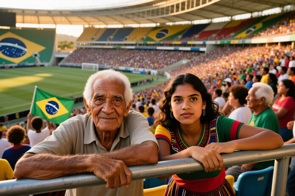 Arquibancadas lotadas do Maracanã vistas de cima com o gramado ao centro