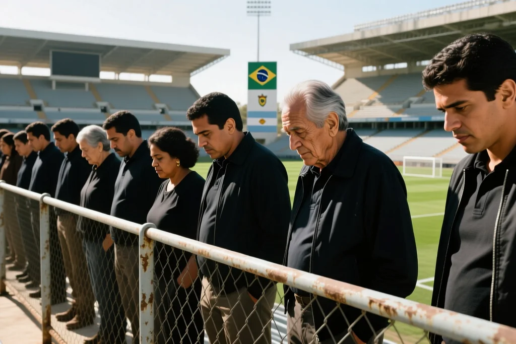 Gradeamento e corredor isolado em setor de estádio argentino com arquibancada ao fundo