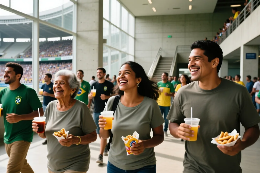 Cadeiras vermelhas do anel intermediário com o gramado ao fundo em estádio paulista