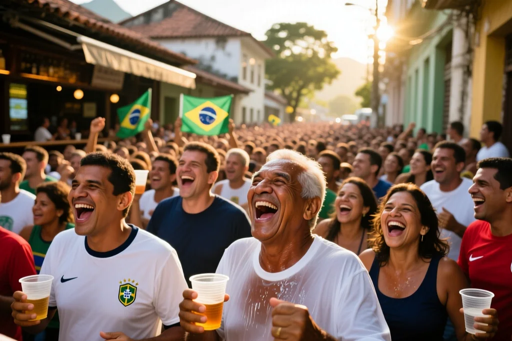 Bar de esquina com mesas na calçada cheias de torcedores em dia de jogo