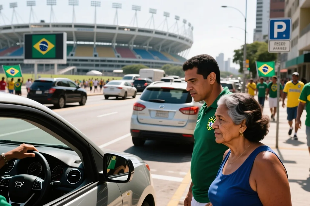Carros parados em fila dupla em rua movimentada próxima ao estádio antes do jogo