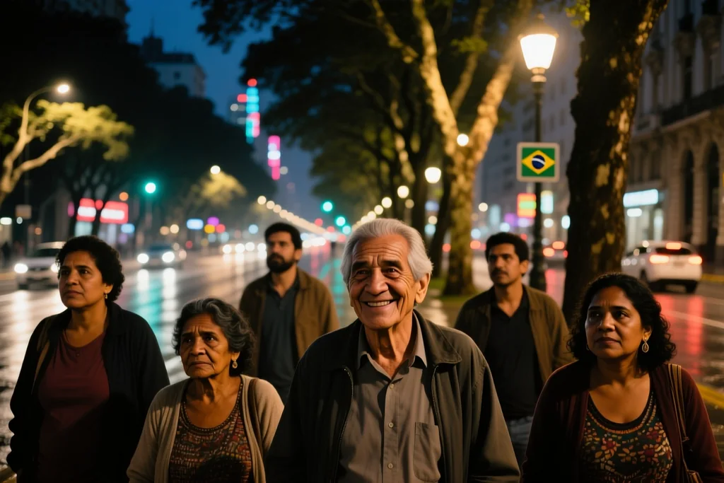 Avenida arborizada de Buenos Aires com torcedores caminhando em direção a estádio ao entardecer