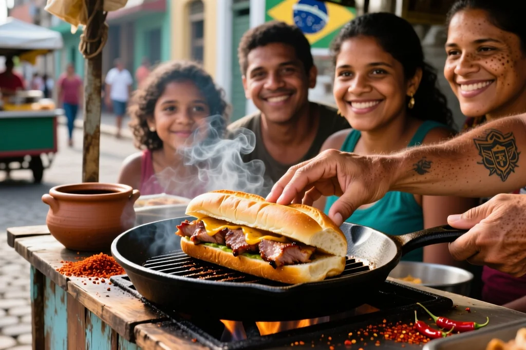 Barraca de comida de rua com torcedores comprando sanduíches antes do jogo