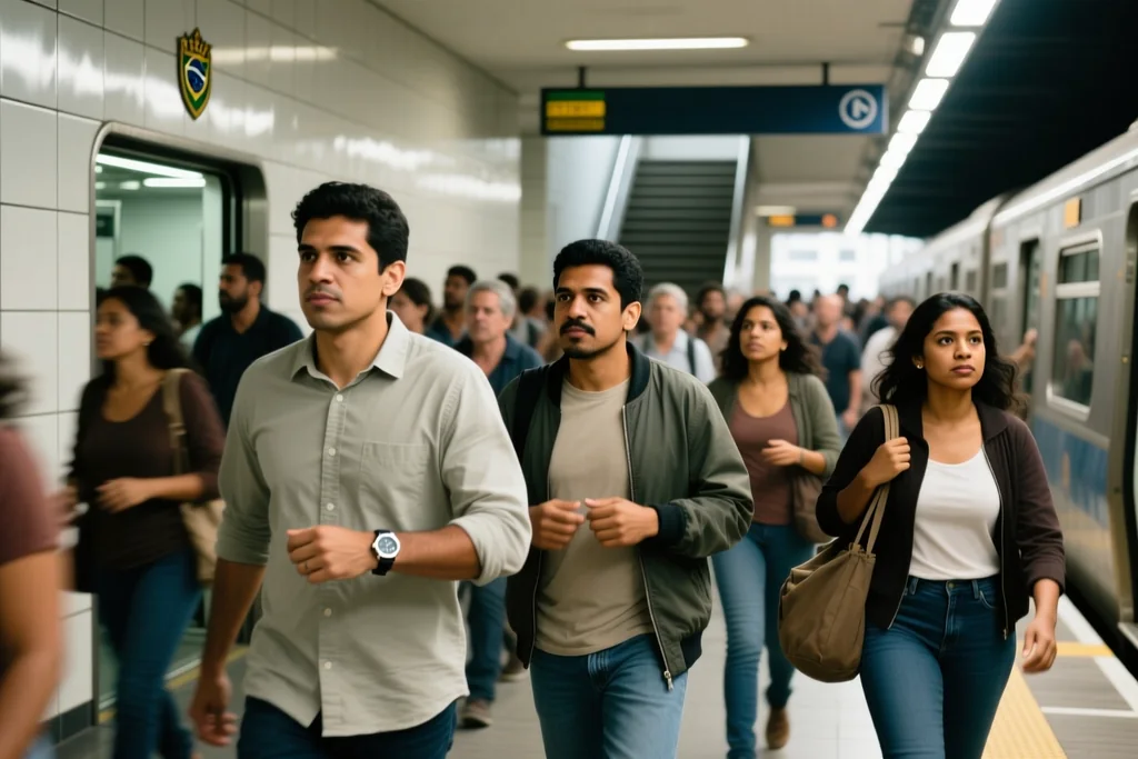 Passarela de estação ferroviária com torcedores caminhando em direção à arena