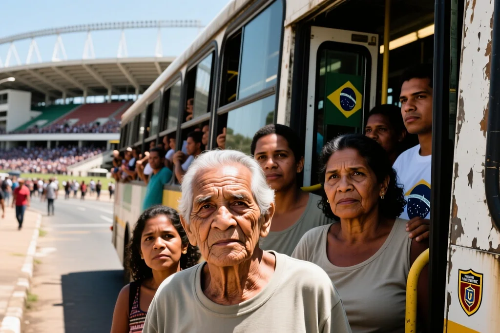 Avenida arborizada com ônibus e torcedores indo para o estádio em Belo Horizonte