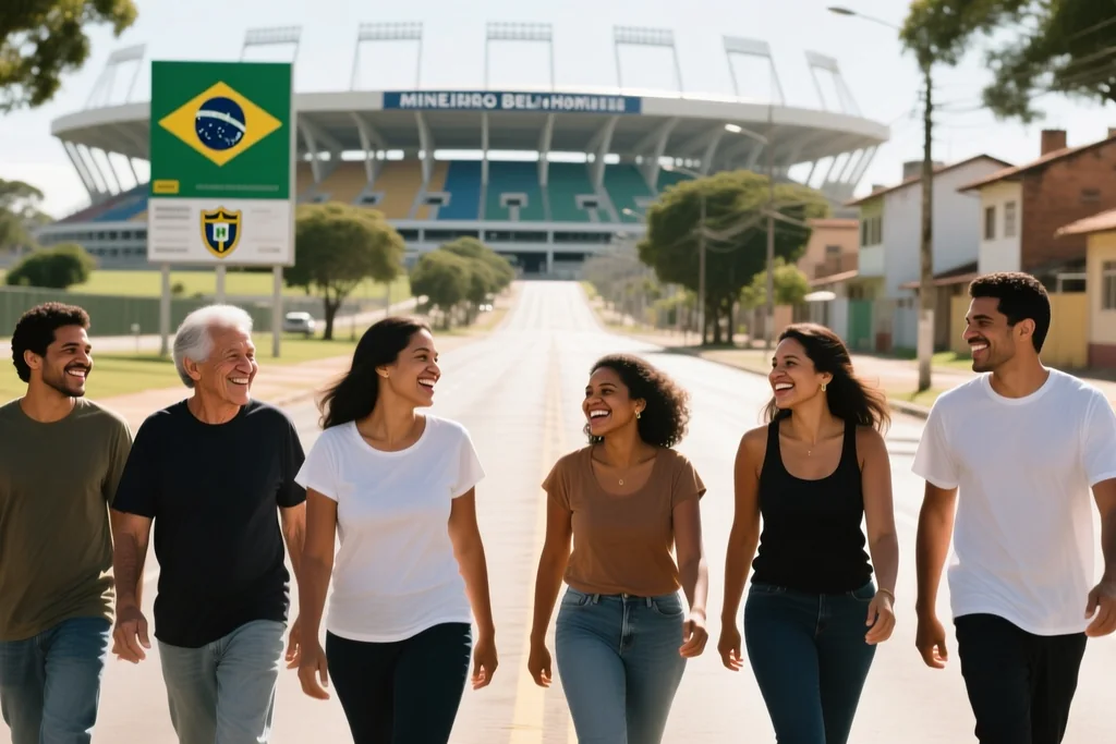 Torcedores em frente ao anel superior de um grande estádio em Belo Horizonte