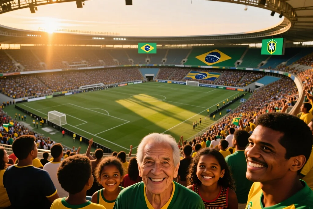 Anel superior de estádio com visão ampla do gramado e torcida nas laterais