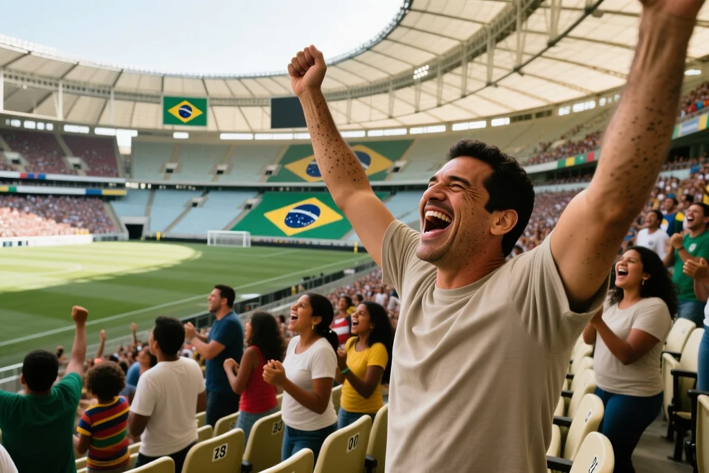 Cadeiras numeradas em estádio grande de São Paulo com torcida ao fundo
