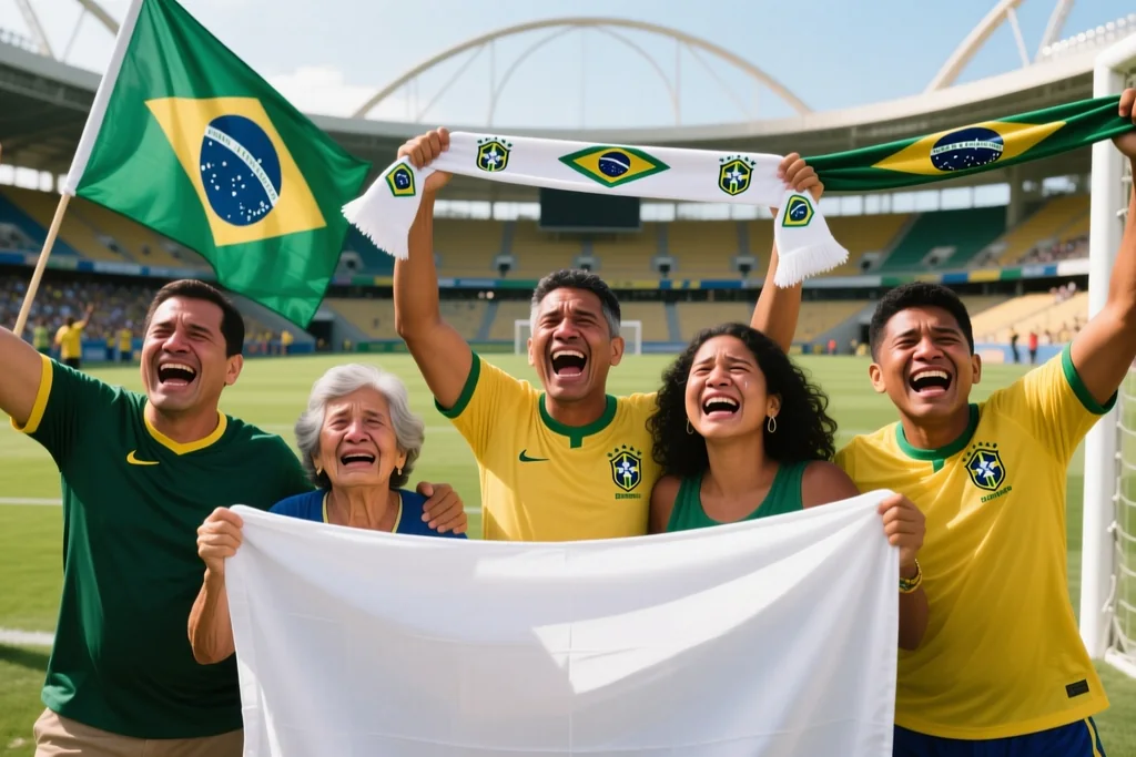 Vista geral de arena brasileira cheia com bandeirões e torcida em movimento