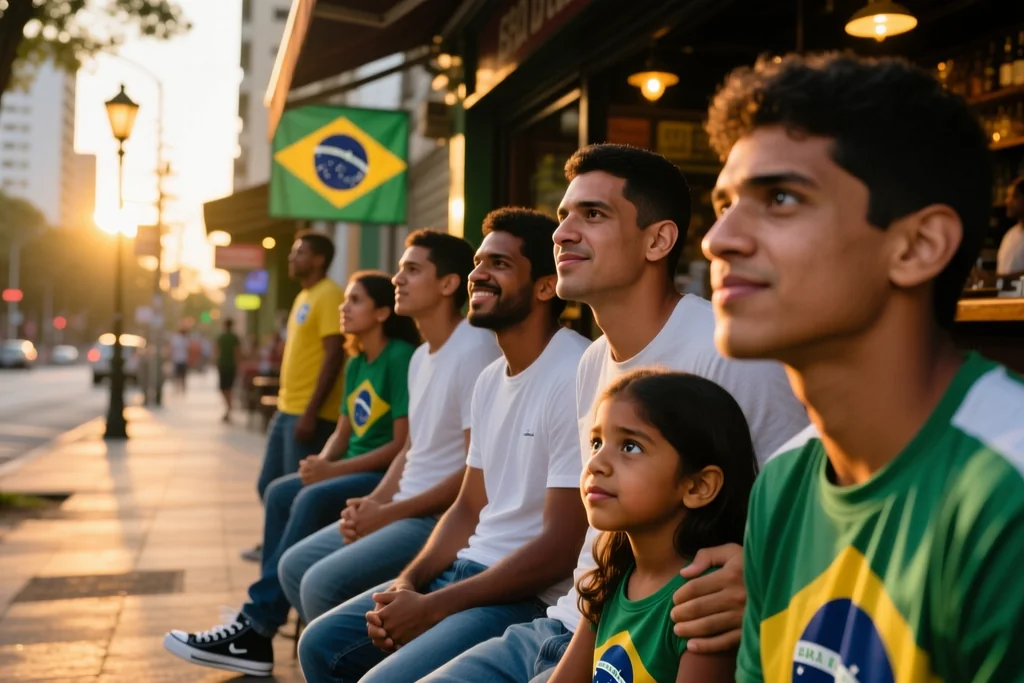 Torcedores reunidos em bar urbano de São Paulo antes de seguir para a arena