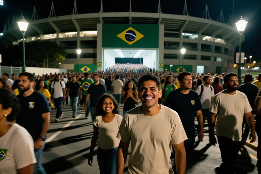 Rua movimentada com torcedores saindo do estádio depois do jogo, à noite